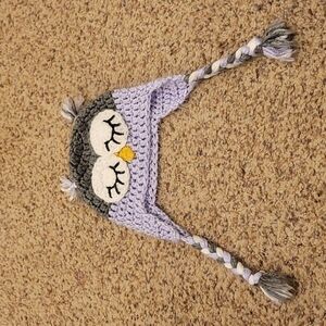 Hand- knit owl purple/gray winter hat